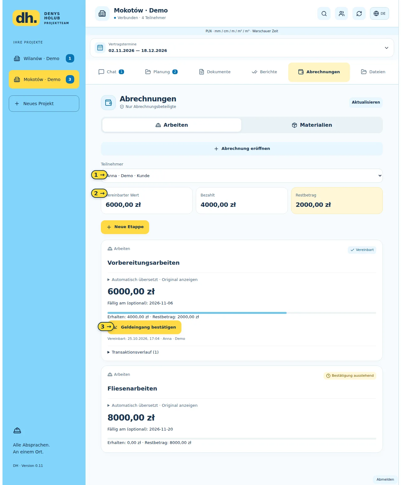 11 / Zahlungen für Arbeitsetappen